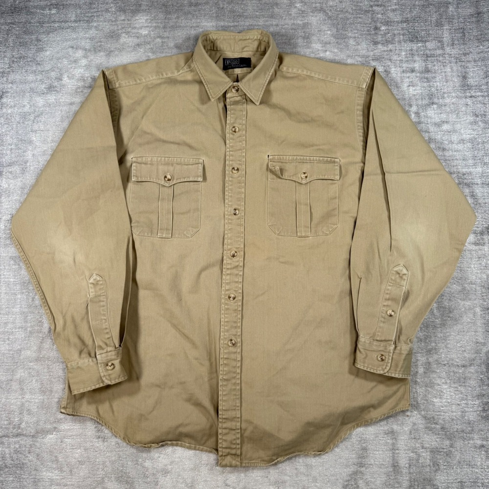 Polo Ralph Lauren Shirt Mens XL Tan Cotton Twill Utility Button Down Workwear